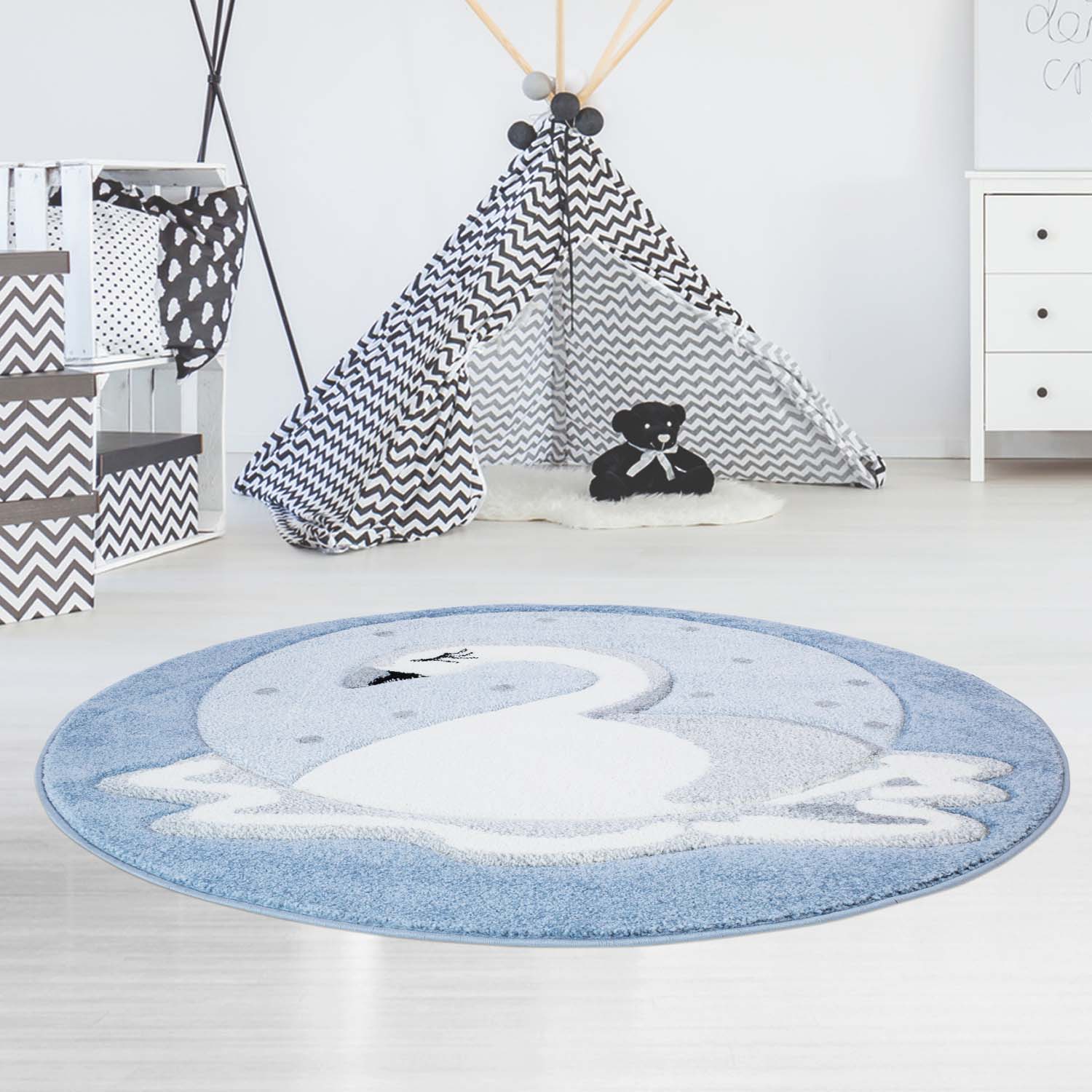 Kindertapijt Omid Zwaan Blauw Vloerkleed - Omid Carpets