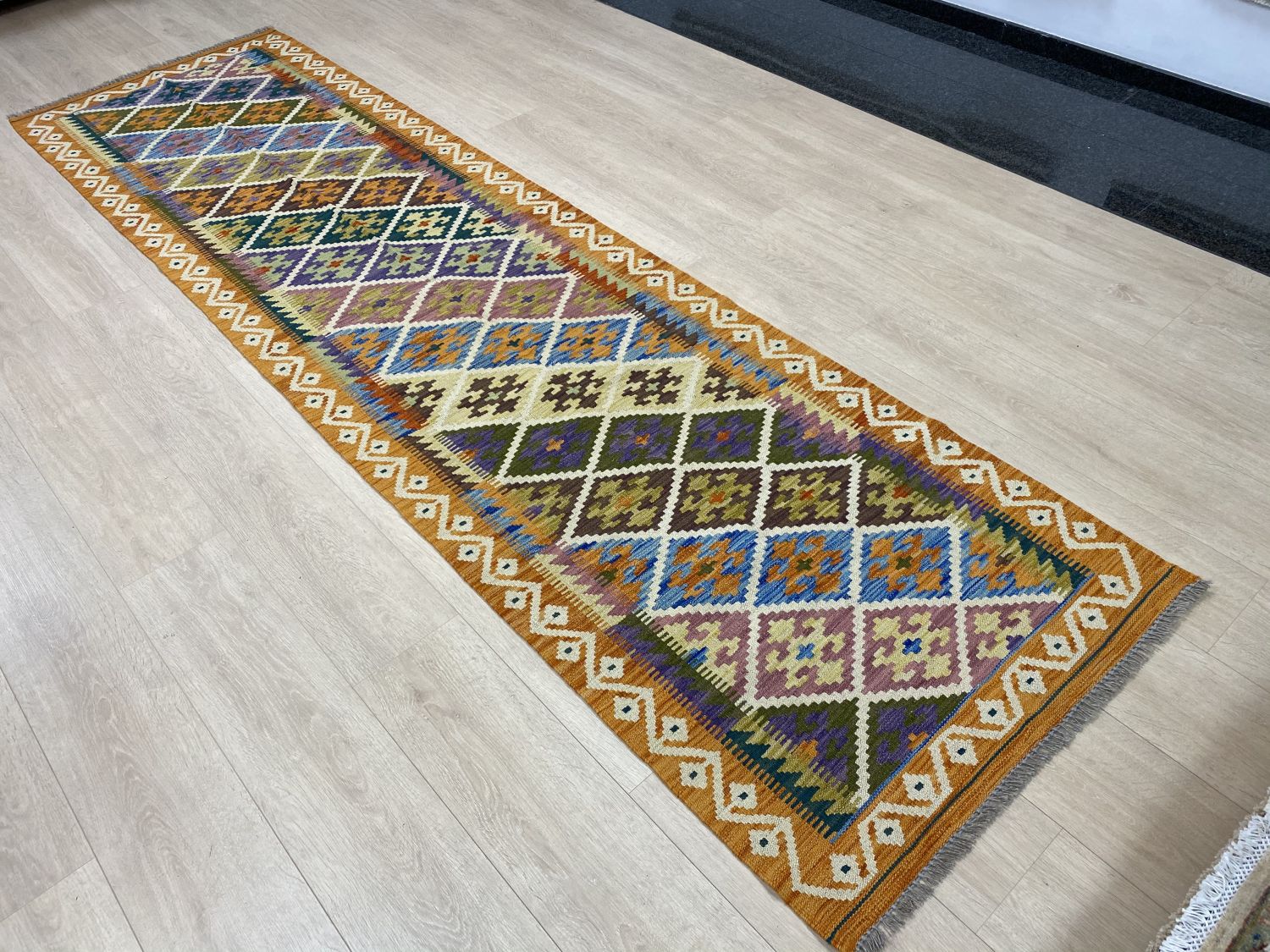 Kleurrijk Tapijt Laagpolig Handgeweven Wollen Vloerkleed - Omid Afghan Kelim Loper 318x87cm