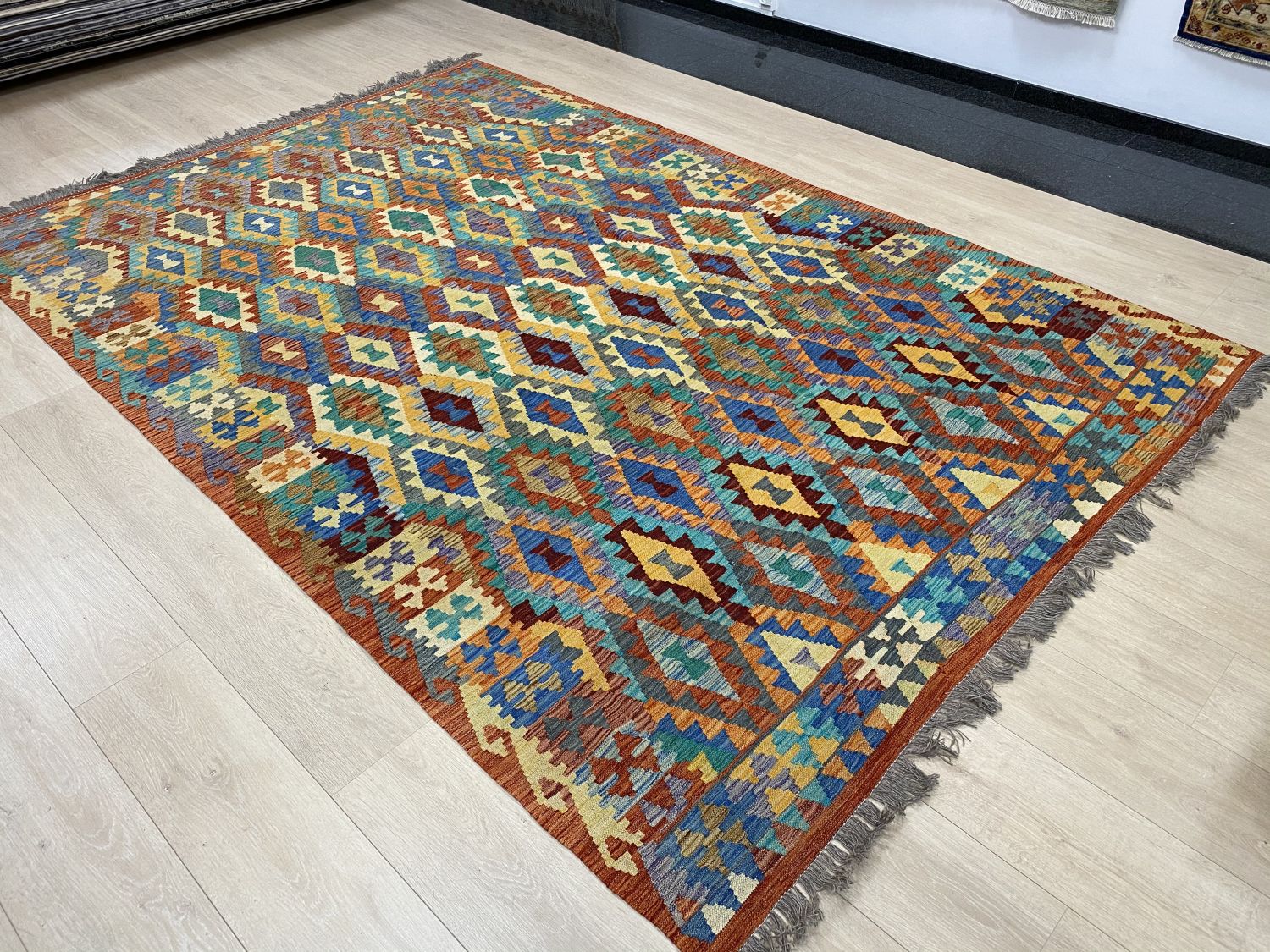 Kleurrijk Tapijt Laagpolig Handgeweven Wollen Vloerkleed - Omid Afghan Kelim 285x194cm