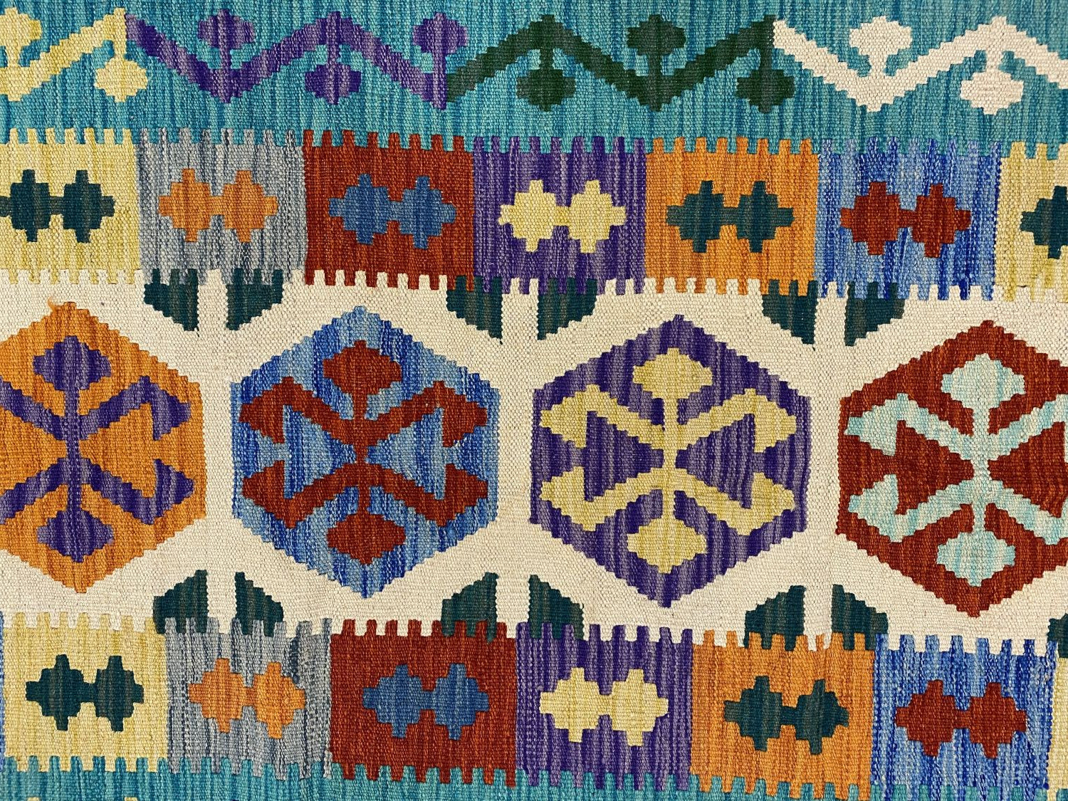 Kleurrijk Tapijt Laagpolig Handgeweven Wollen Vloerkleed - Omid Afghan Kelim Loper 303x84cm