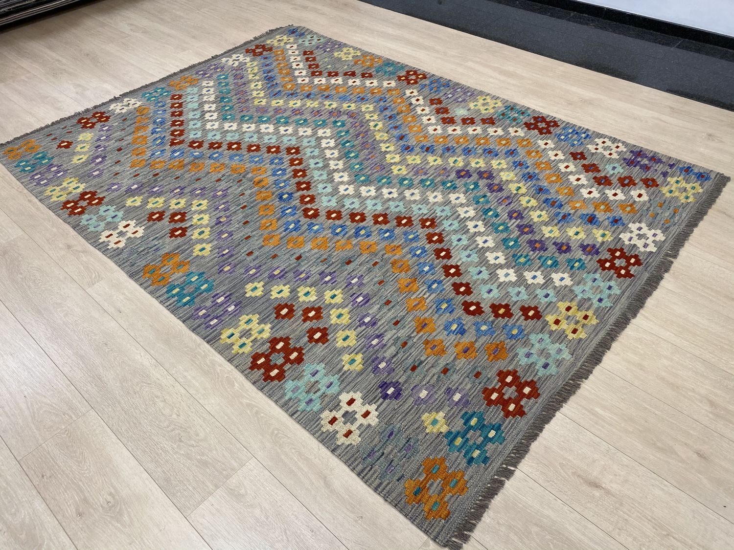 Kleurrijk Tapijt Laagpolig Handgeweven Wollen Vloerkleed - Omid Afghan Kelim 241x175cm