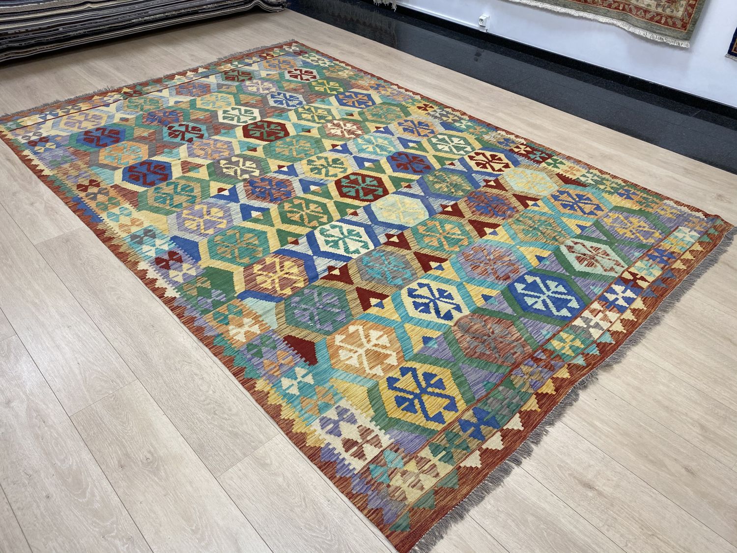 Kleurrijk Tapijt Laagpolig Handgeweven Wollen Vloerkleed - Omid Afghan Kelim 295x194cm