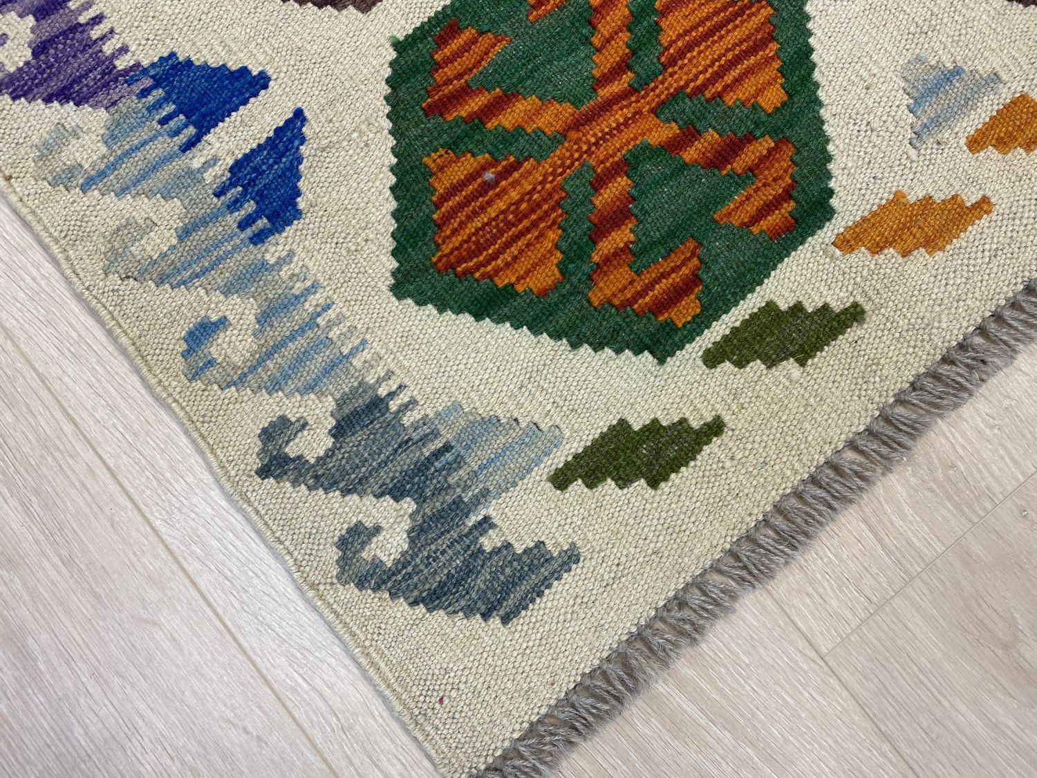 Kleurrijk Tapijt Laagpolig Handgeweven Wollen Vloerkleed - Omid Afghan Kelim 125x79cm