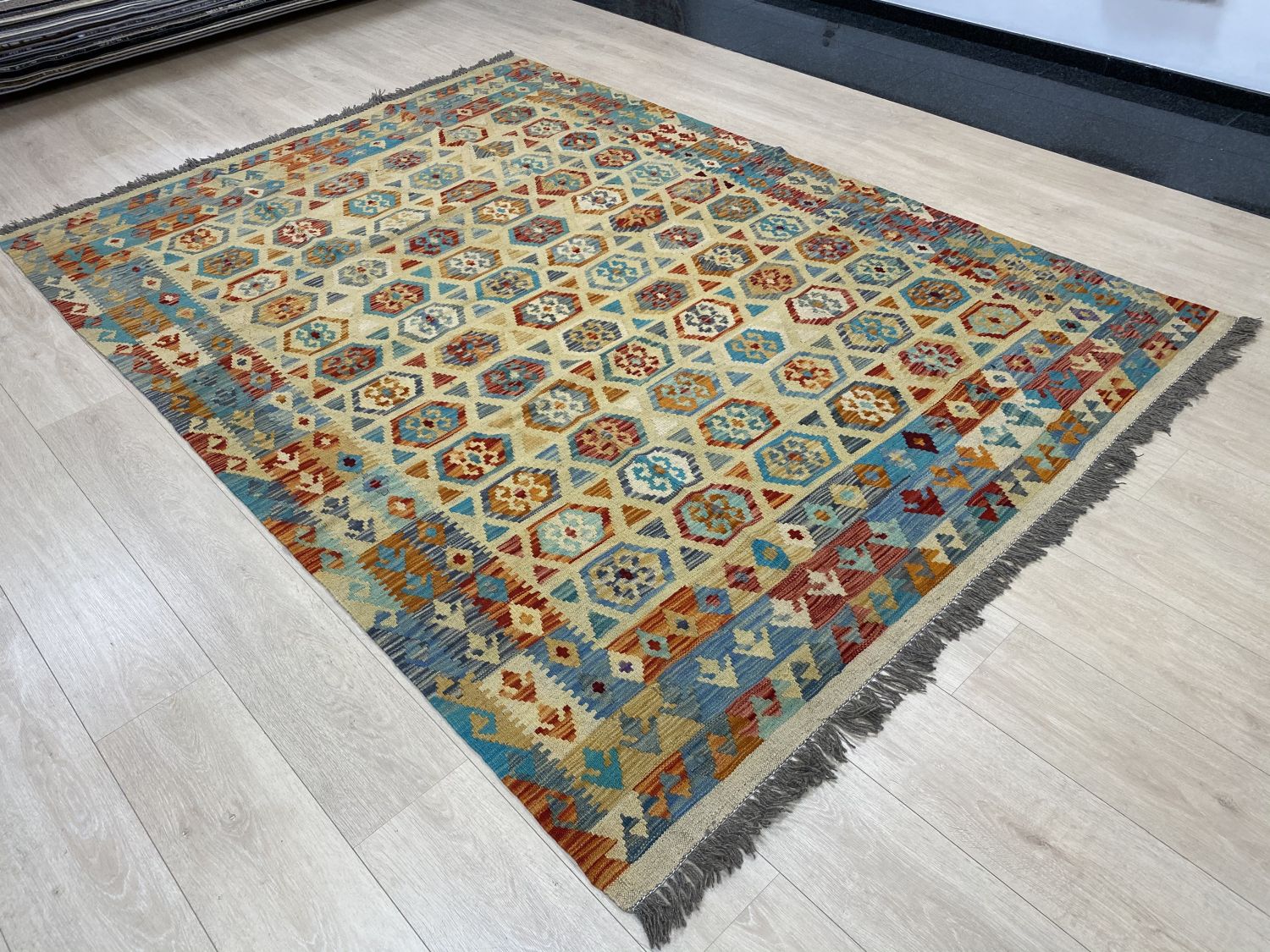 Kleurrijk Tapijt Laagpolig Handgeweven Wollen Vloerkleed - Omid Afghan Kelim 288x184cm
