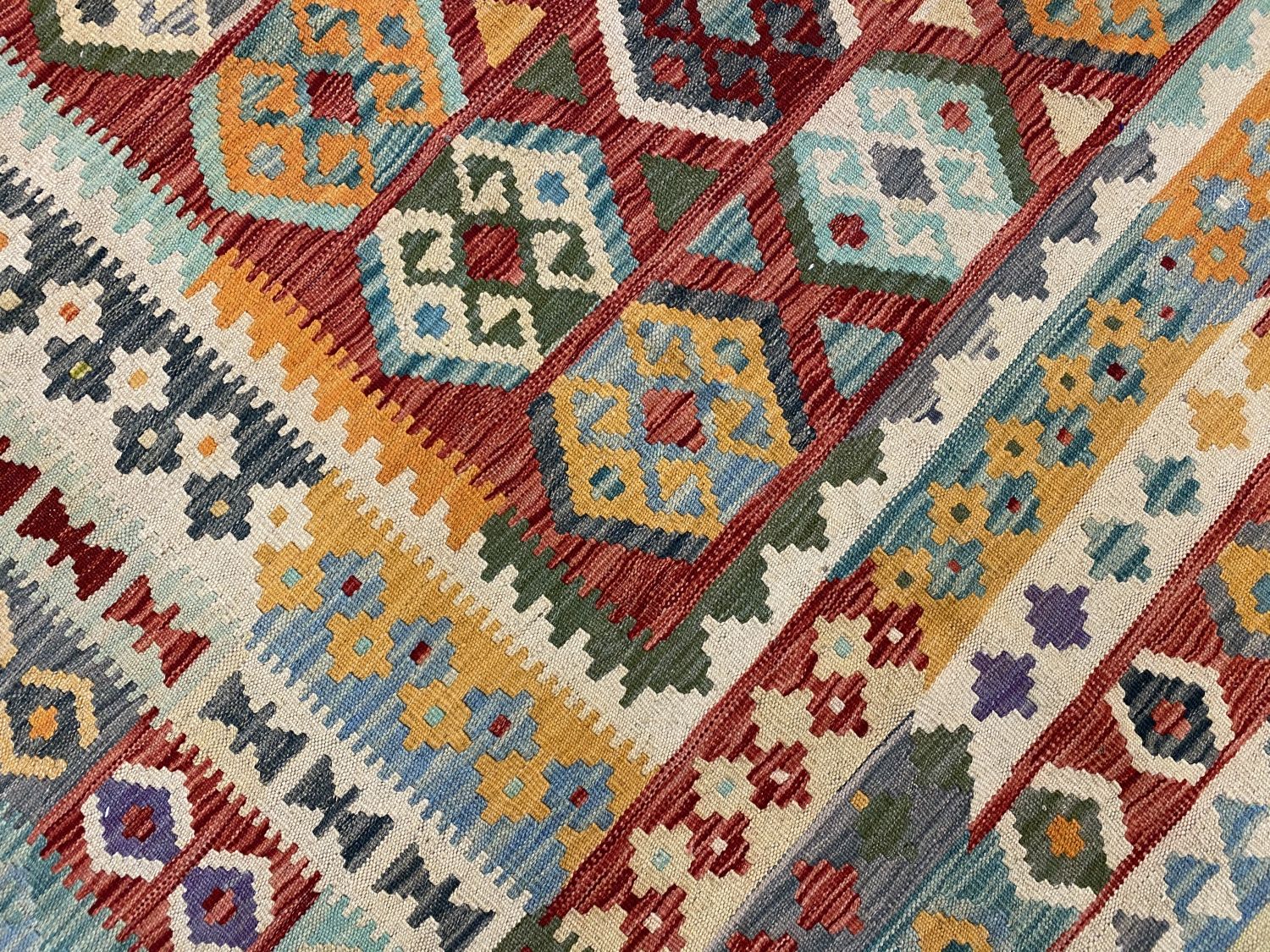 Kleurrijk Tapijt Laagpolig Handgeweven Wollen Vloerkleed - Omid Afghan Kelim 305x200cm