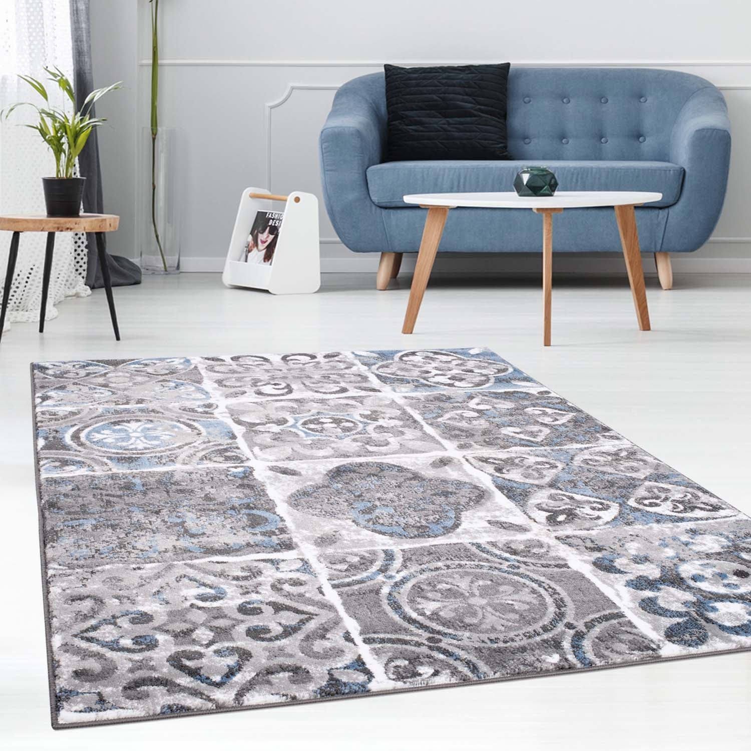 Tapijt Omid Spring Laagpolig Vloerkleed Bloempatronen Blauw - Omid Carpets