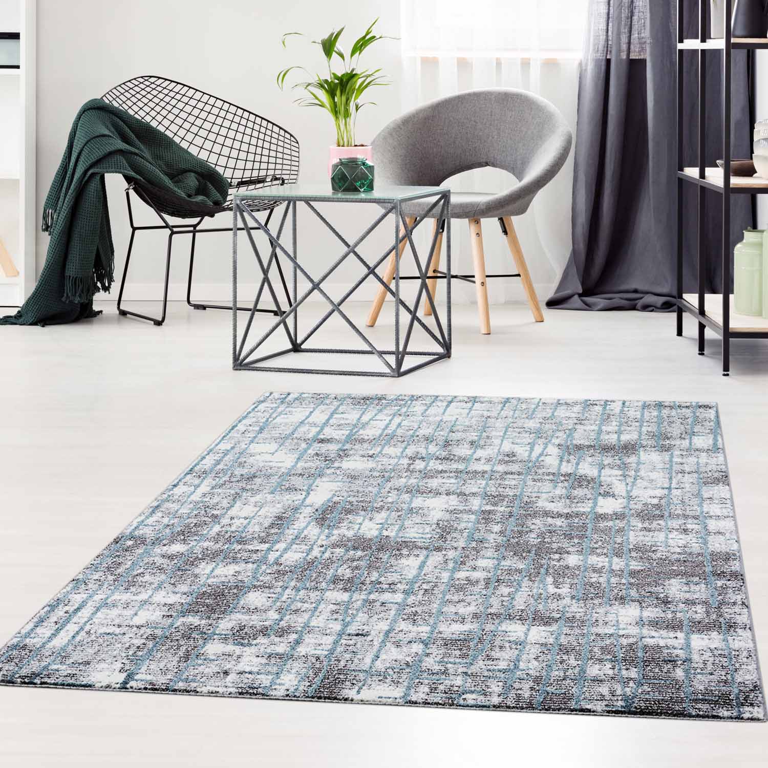 Blauw Tapijt Laagpolig Vloerkleed Omid Art - Blue Lines - Omid Carpets