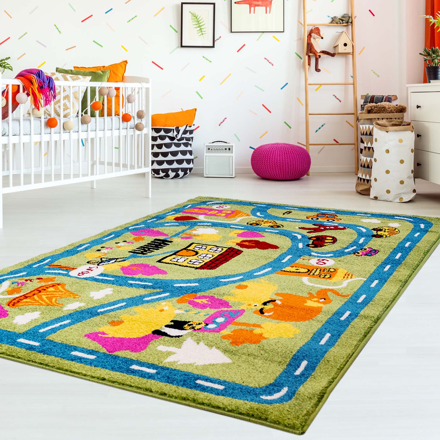 Kindertapijt Omid Auto Groen Vloerkleed - Omid Carpets