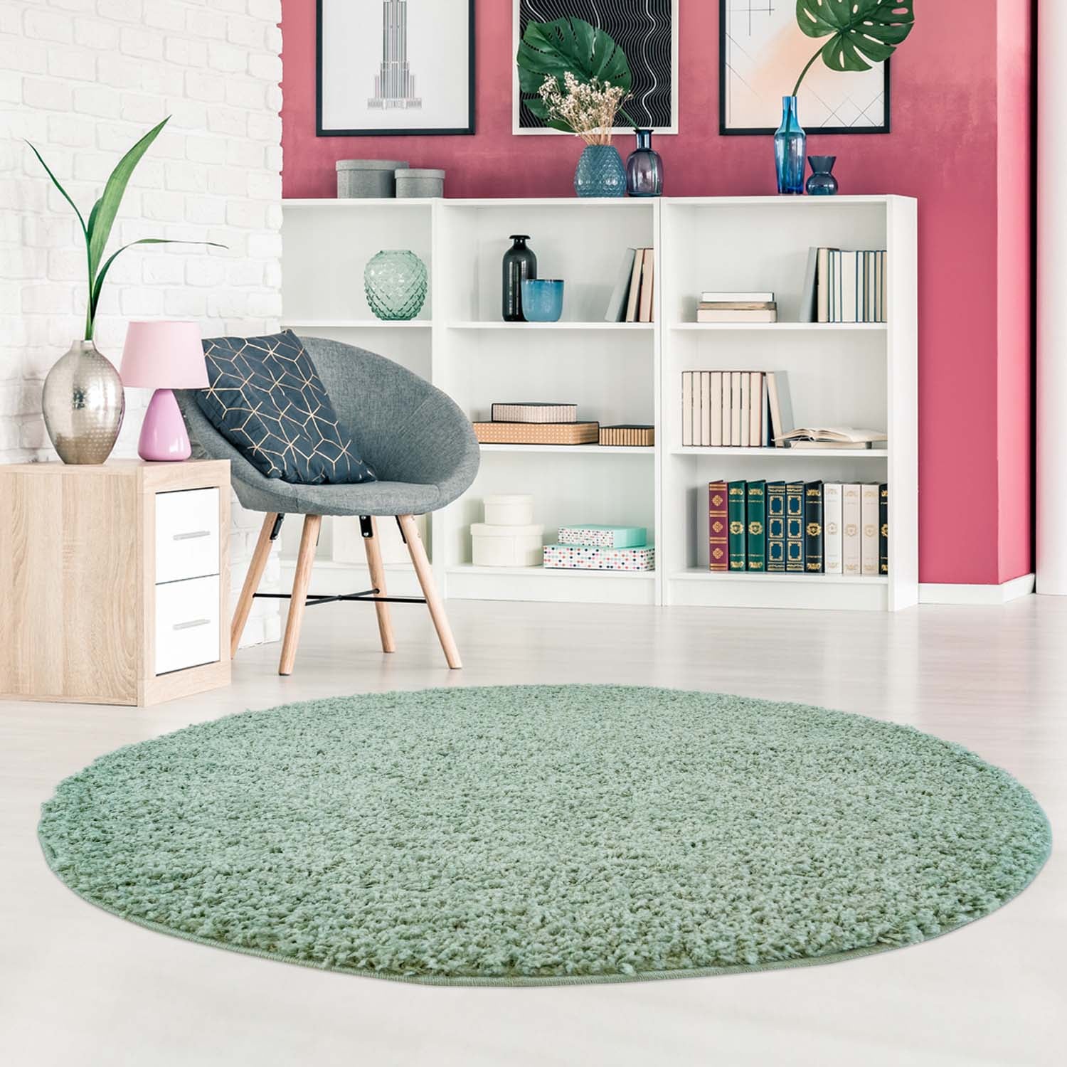 Tapijt Omid Effen Hoogpolig Vloerkleed Pastelgroen - Omid Carpets