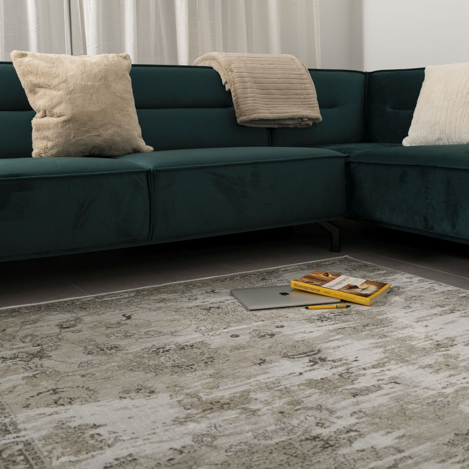 Dun Vloerkleed met Anti-Slip Beige Laagpolig Tapijt Omid Vintage