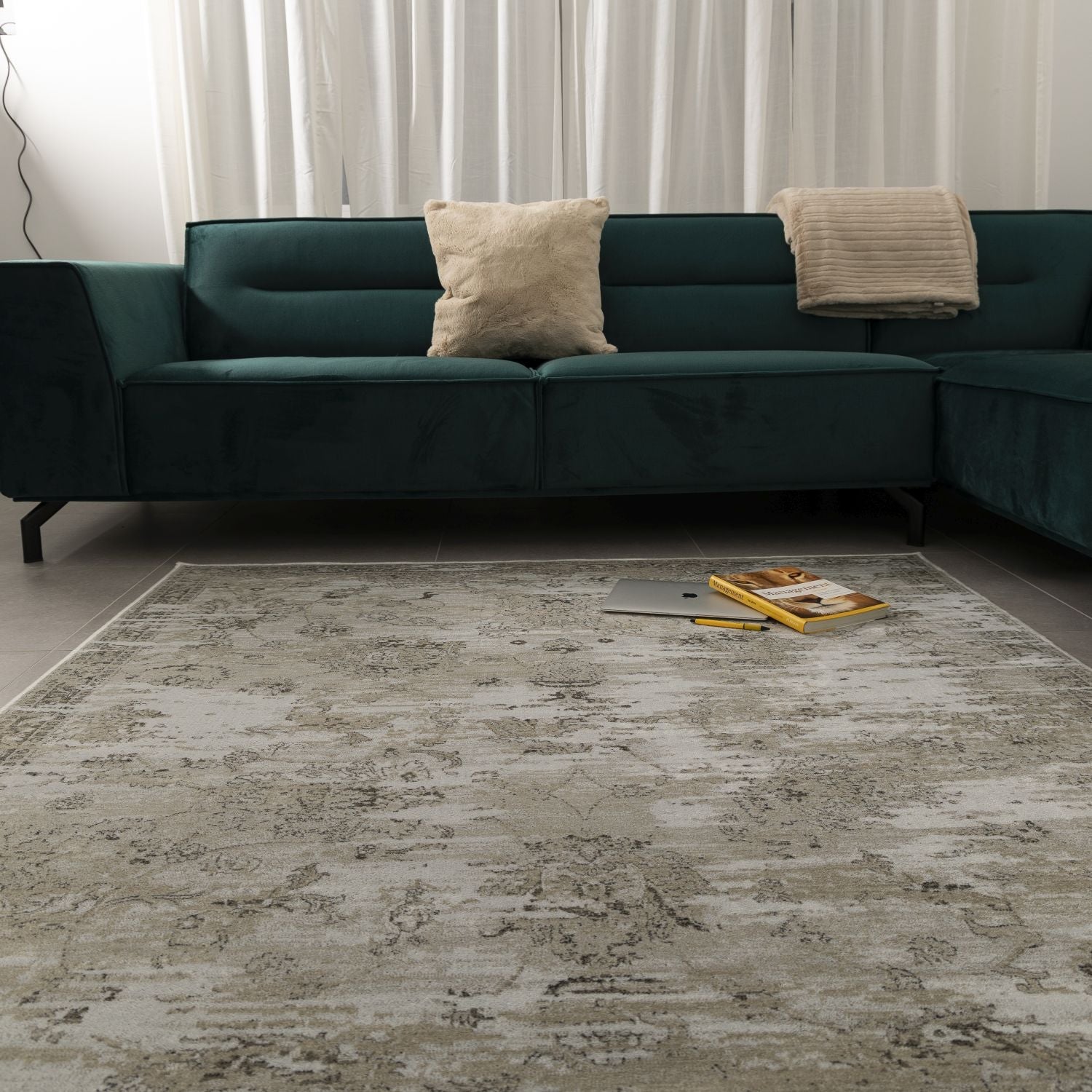 Dun Vloerkleed met Anti-Slip Beige Laagpolig Tapijt Omid Vintage