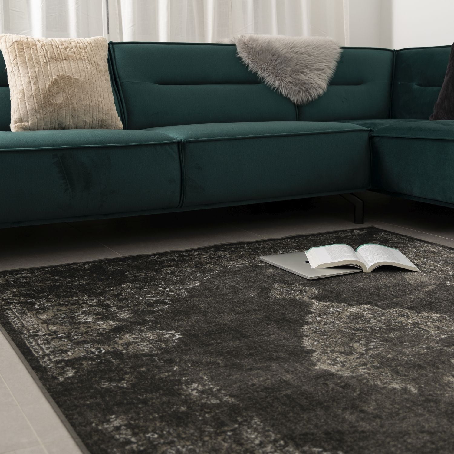 Dun Vloerkleed met Anti-Slip Antraciet Laagpolig Tapijt Omid Vintage