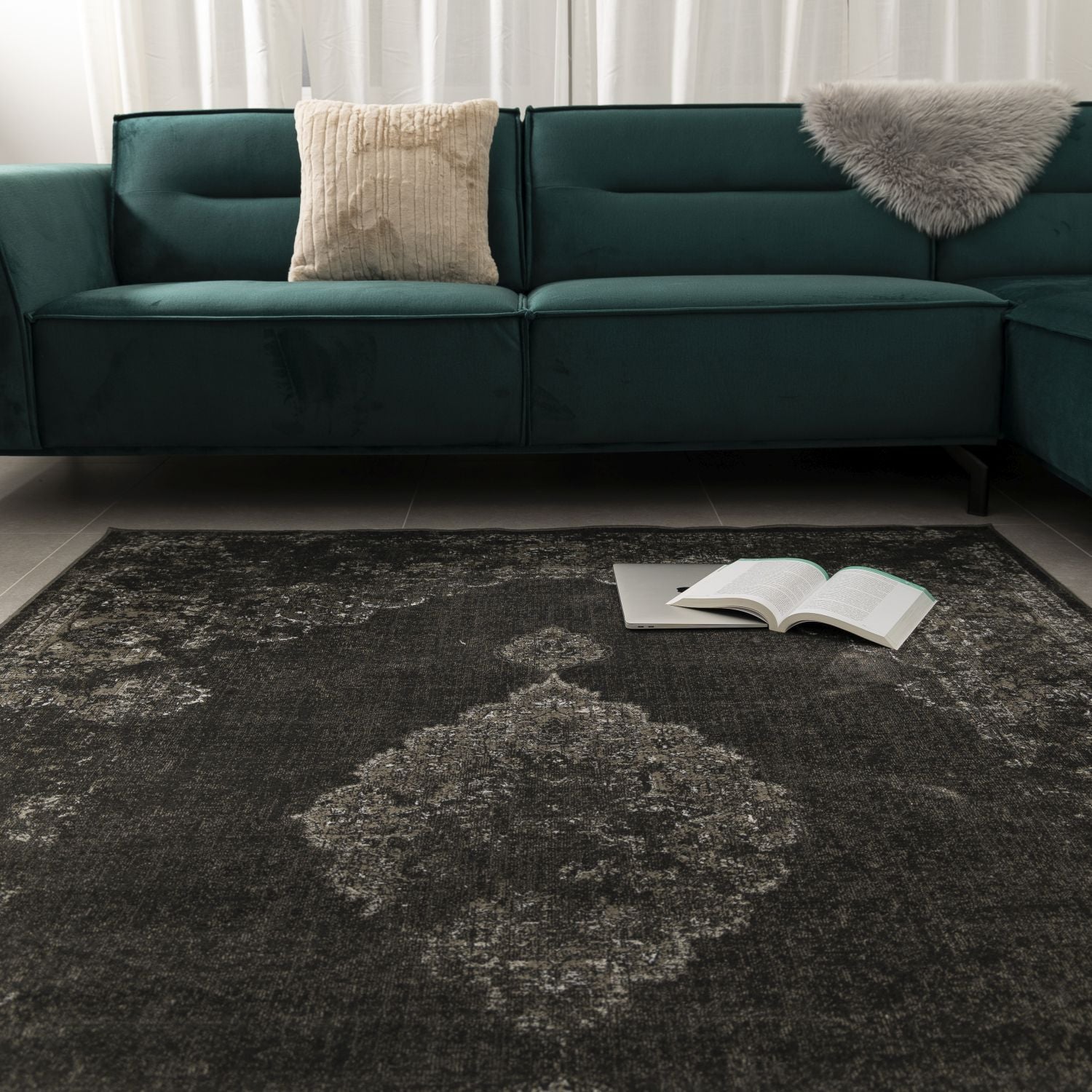 Dun Vloerkleed met Anti-Slip Antraciet Laagpolig Tapijt Omid Vintage